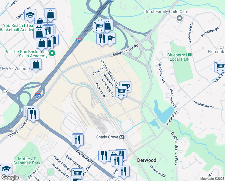 map of restaurants, bars, coffee shops, grocery stores, and more near 16155 Columbus Avenue in Derwood