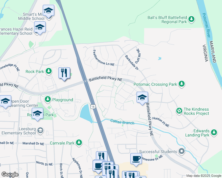 map of restaurants, bars, coffee shops, grocery stores, and more near 803 Balls Bluff Road Northeast in Leesburg