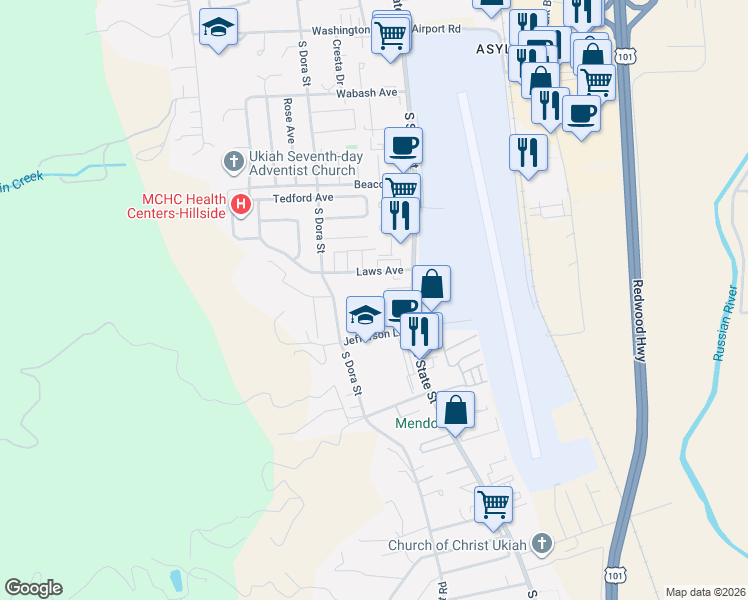 map of restaurants, bars, coffee shops, grocery stores, and more near 1518 Monroe Street in Ukiah