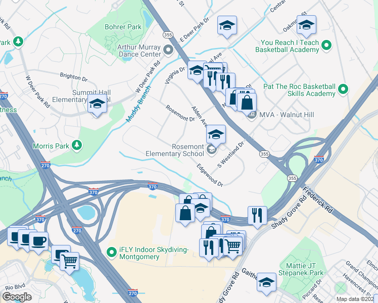 map of restaurants, bars, coffee shops, grocery stores, and more near 9125 Edgewood Drive in Gaithersburg