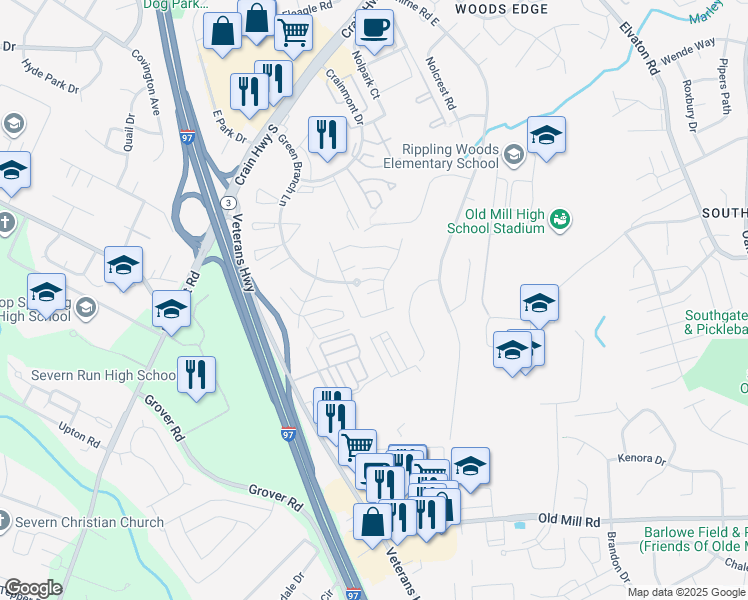 map of restaurants, bars, coffee shops, grocery stores, and more near 539 Swoop Hill Road in Glen Burnie