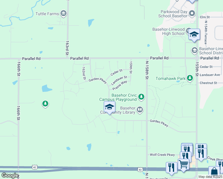 map of restaurants, bars, coffee shops, grocery stores, and more near 16050 Prairie Way in Basehor