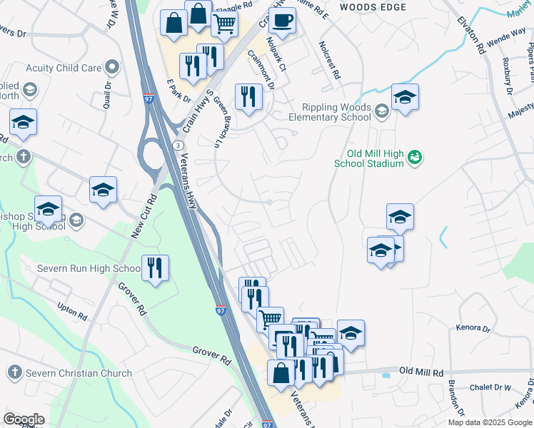 map of restaurants, bars, coffee shops, grocery stores, and more near 8183 Great Bend Rd in Glen Burnie