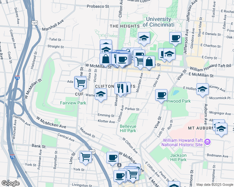 map of restaurants, bars, coffee shops, grocery stores, and more near Wheeler Street in Cincinnati