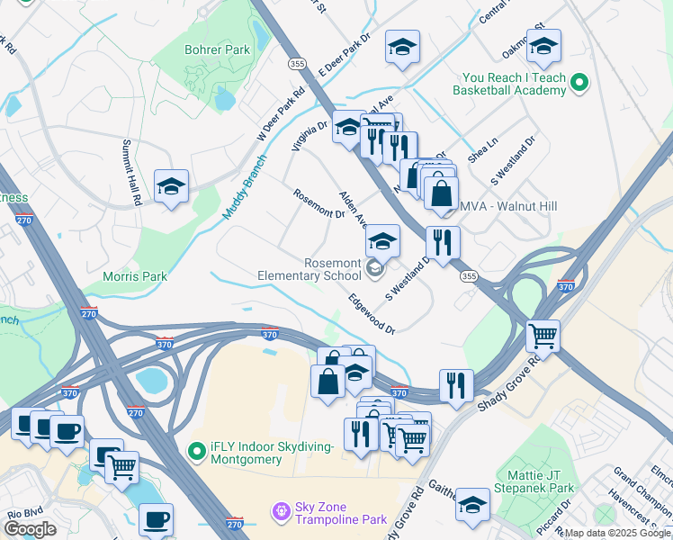 map of restaurants, bars, coffee shops, grocery stores, and more near 9125 Edgewood Drive in Gaithersburg