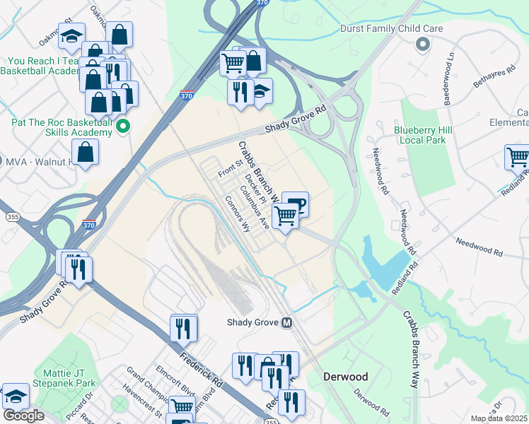 map of restaurants, bars, coffee shops, grocery stores, and more near 16159 Columbus Avenue in Derwood