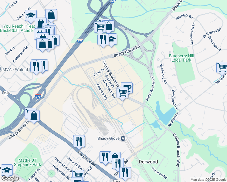 map of restaurants, bars, coffee shops, grocery stores, and more near 16159 Columbus Avenue in Derwood
