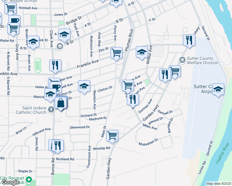 map of restaurants, bars, coffee shops, grocery stores, and more near 123 Wilson Avenue in Yuba City