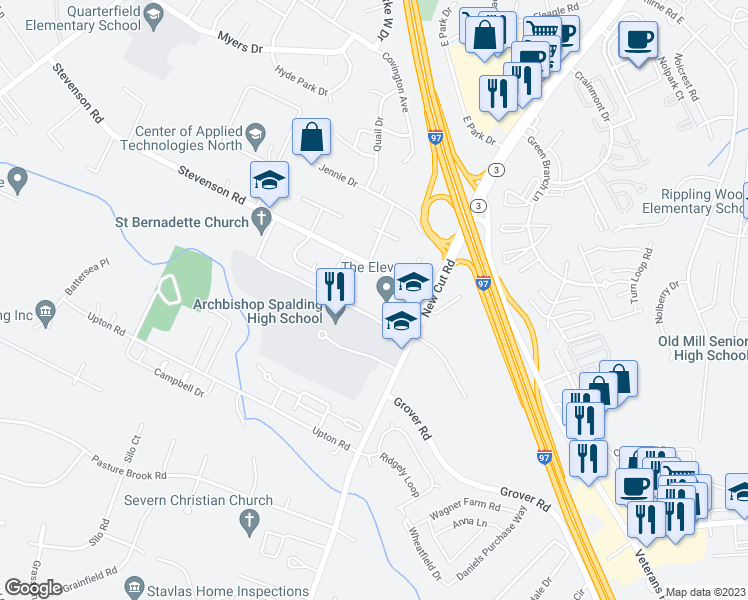 map of restaurants, bars, coffee shops, grocery stores, and more near 8064 New Cut Rd in Severn