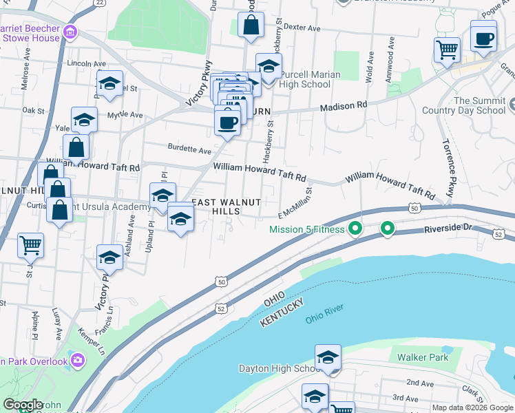 map of restaurants, bars, coffee shops, grocery stores, and more near 1707 East McMillan Street in Cincinnati
