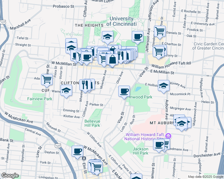 map of restaurants, bars, coffee shops, grocery stores, and more near 2330 Ohio Avenue in Cincinnati