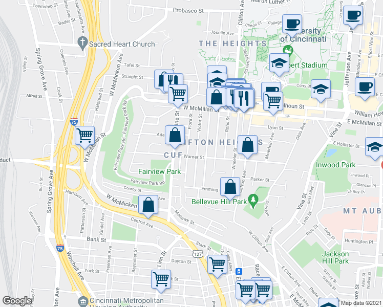 map of restaurants, bars, coffee shops, grocery stores, and more near 2249 Flora Street in Cincinnati