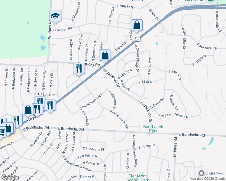 map of restaurants, bars, coffee shops, grocery stores, and more near 18850 East Wigwam Place in Independence