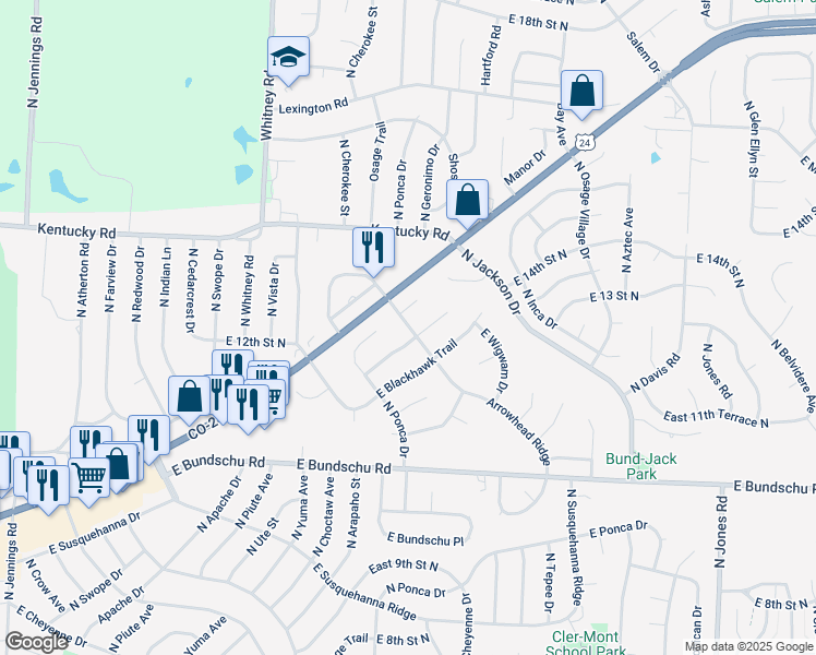 map of restaurants, bars, coffee shops, grocery stores, and more near 18425 Arrowhead Lane in Independence