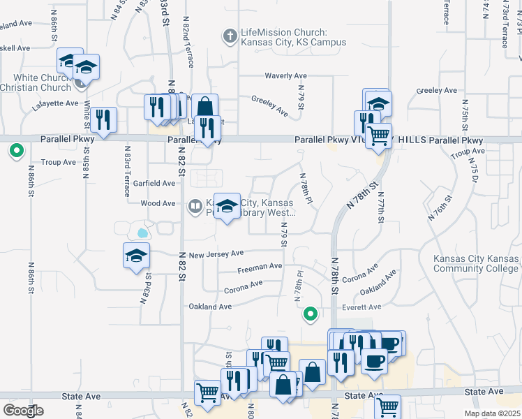 map of restaurants, bars, coffee shops, grocery stores, and more near 1727 North 80th Street in Kansas City