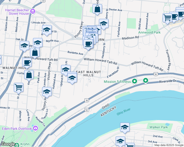 map of restaurants, bars, coffee shops, grocery stores, and more near 1514 East McMillan Street in Cincinnati