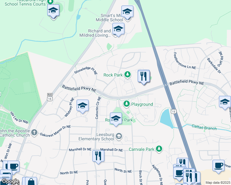 map of restaurants, bars, coffee shops, grocery stores, and more near 709 Southview Place Northeast in Leesburg