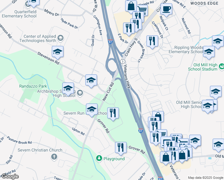 map of restaurants, bars, coffee shops, grocery stores, and more near 8045 New Cut Road in Severn