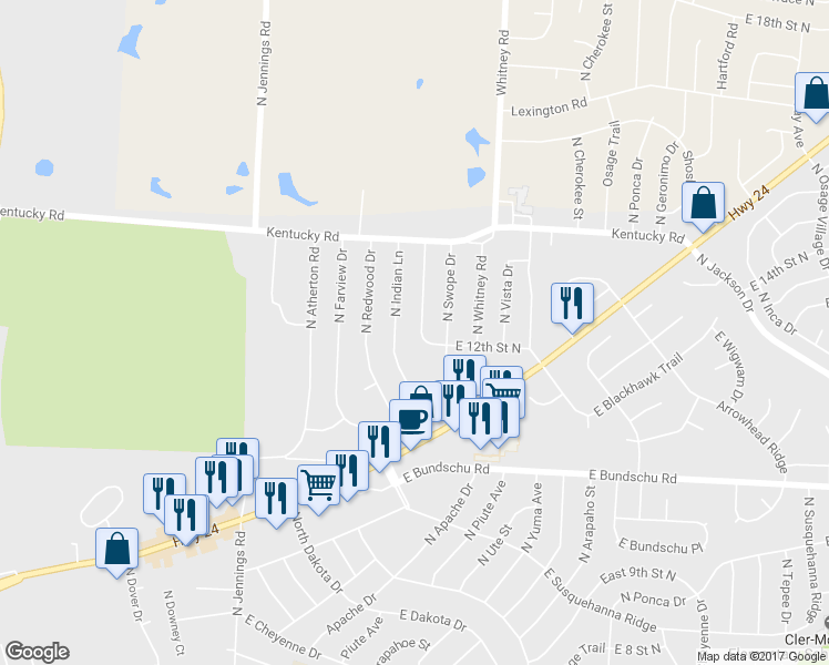 map of restaurants, bars, coffee shops, grocery stores, and more near 1206 North Cedar Crest Drive in Independence
