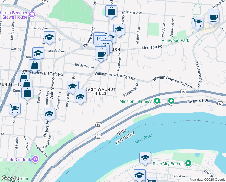 map of restaurants, bars, coffee shops, grocery stores, and more near 1707 East McMillan Street in Cincinnati