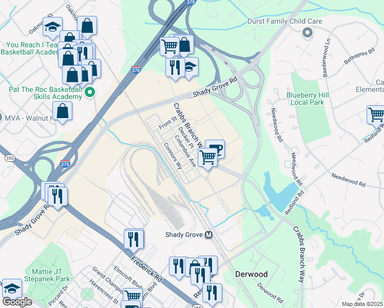 map of restaurants, bars, coffee shops, grocery stores, and more near 16163 Columbus Avenue in Derwood
