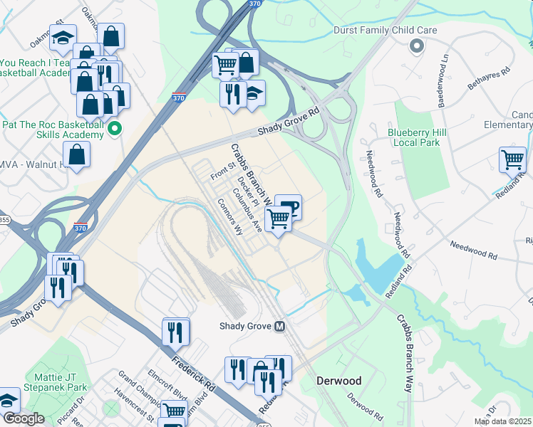 map of restaurants, bars, coffee shops, grocery stores, and more near 16041 Bowery Street in Derwood