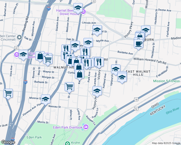 map of restaurants, bars, coffee shops, grocery stores, and more near 2378 Park Avenue in Cincinnati