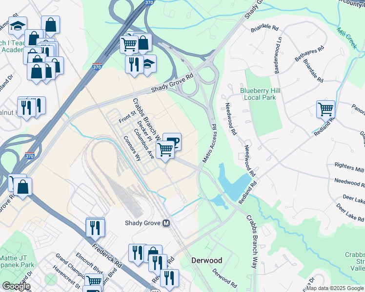 map of restaurants, bars, coffee shops, grocery stores, and more near 16641 Crabbs Branch Way in Rockville
