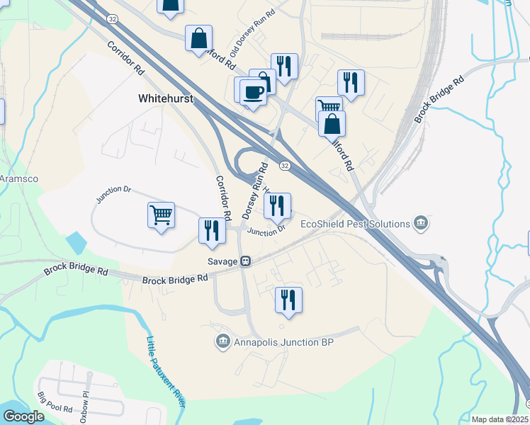 map of restaurants, bars, coffee shops, grocery stores, and more near 10125 Junction Drive in Howard County