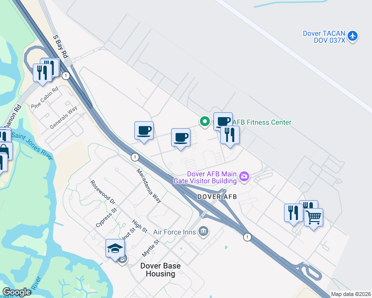 map of restaurants, bars, coffee shops, grocery stores, and more near 442 13th Street in Dover
