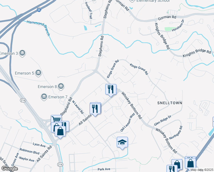 map of restaurants, bars, coffee shops, grocery stores, and more near 9110 Canterbury Riding in Laurel