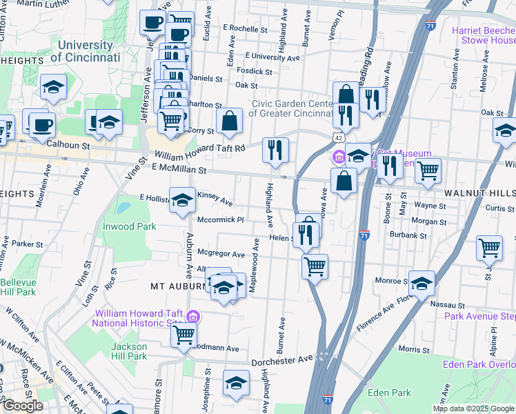 map of restaurants, bars, coffee shops, grocery stores, and more near 2439 Highland Avenue in Cincinnati