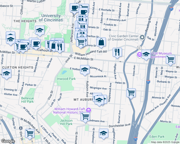 map of restaurants, bars, coffee shops, grocery stores, and more near 2411 Auburn Avenue in Cincinnati