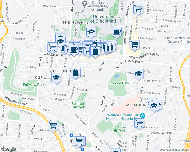map of restaurants, bars, coffee shops, grocery stores, and more near 2407 Ohio Avenue in Cincinnati
