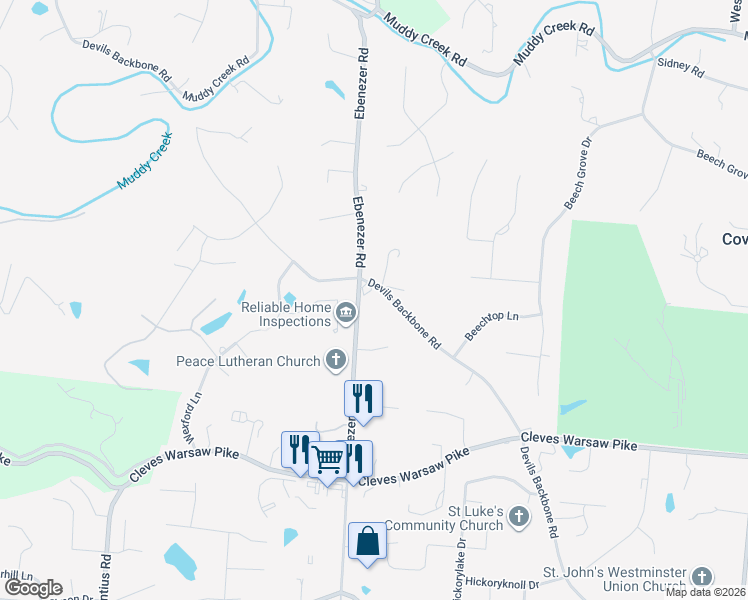 map of restaurants, bars, coffee shops, grocery stores, and more near 1698 Devils Backbone Road in Cincinnati