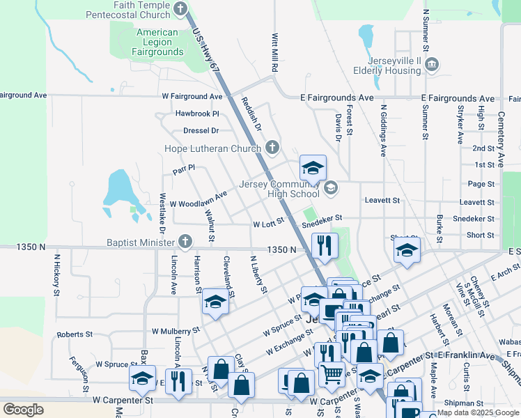 map of restaurants, bars, coffee shops, grocery stores, and more near 902 Warren Street in Jerseyville