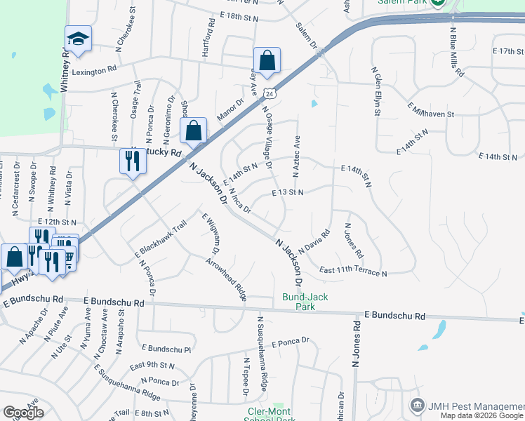 map of restaurants, bars, coffee shops, grocery stores, and more near 19117 East 13 Street North in Independence