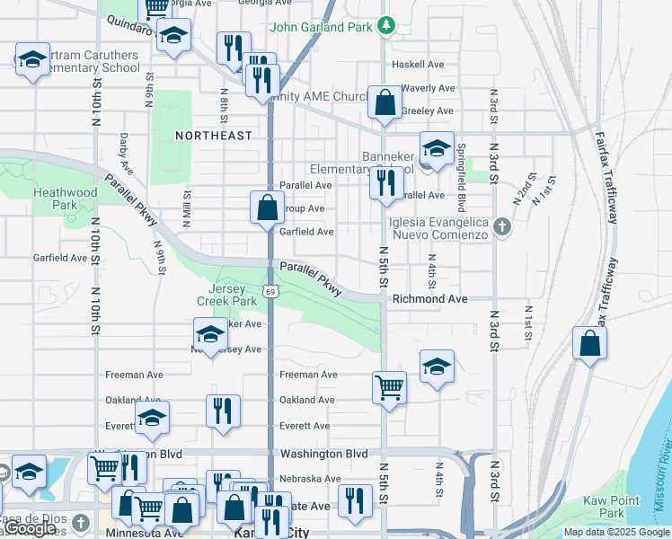 map of restaurants, bars, coffee shops, grocery stores, and more near 1942 North Hallock Street in Kansas City