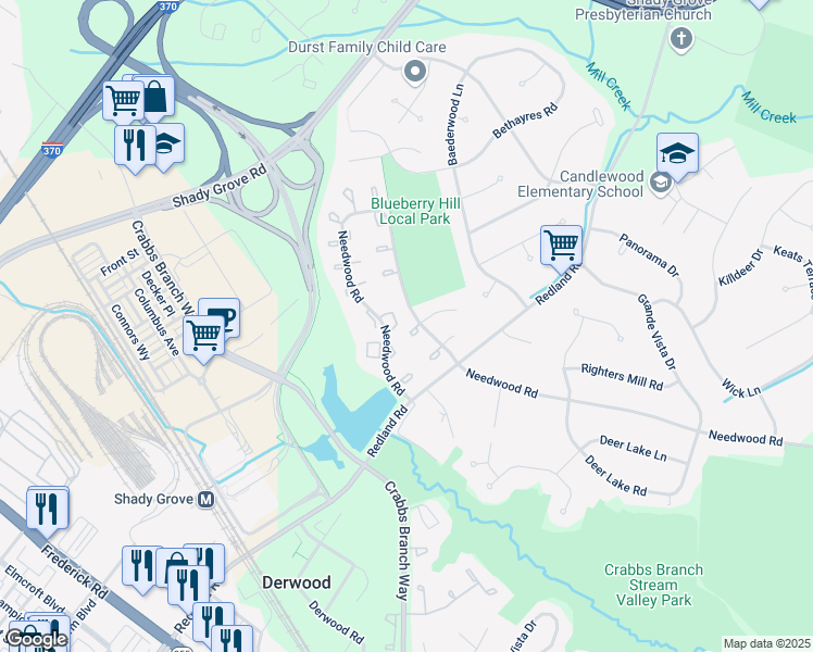 map of restaurants, bars, coffee shops, grocery stores, and more near 7605 Nutwood Court in Rockville