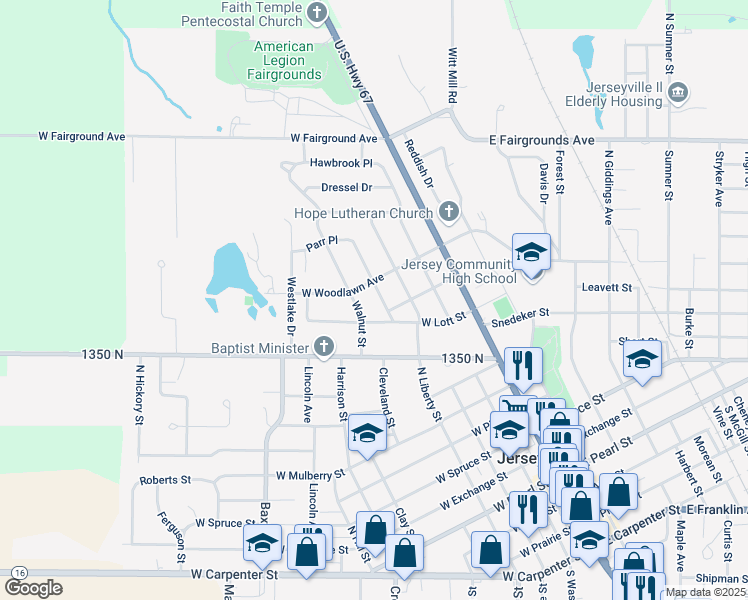 map of restaurants, bars, coffee shops, grocery stores, and more near 505 West Woodlawn Avenue in Jerseyville