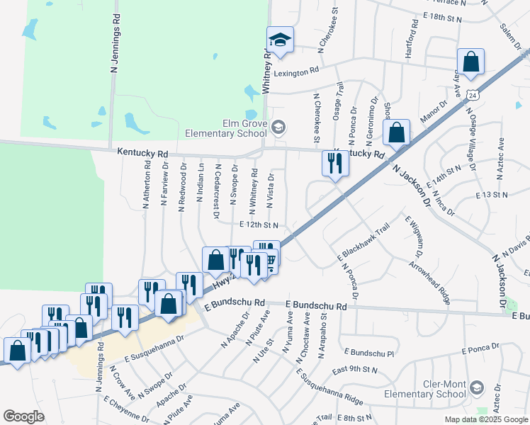 map of restaurants, bars, coffee shops, grocery stores, and more near 1204 North Vista Drive in Independence