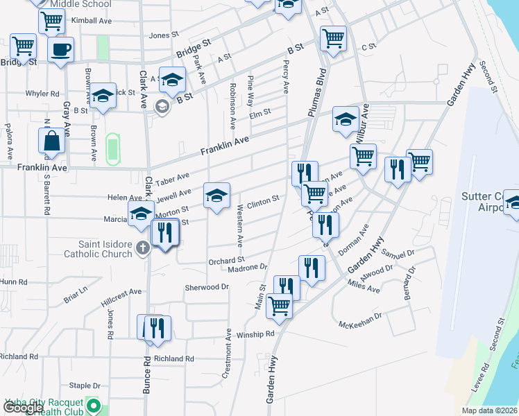 map of restaurants, bars, coffee shops, grocery stores, and more near 60 Morton Street in Yuba City