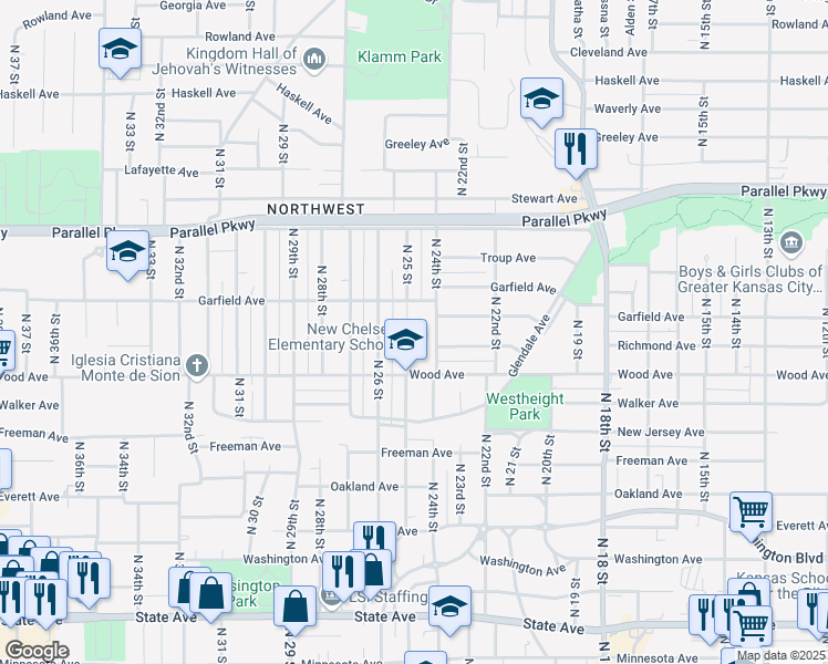 map of restaurants, bars, coffee shops, grocery stores, and more near 1835 North 25 Street in Kansas City