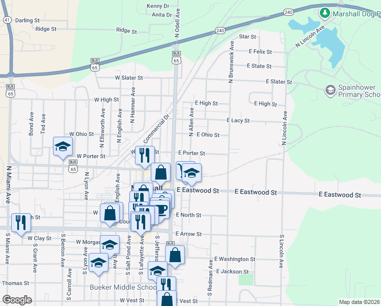 map of restaurants, bars, coffee shops, grocery stores, and more near 300 East Porter Street in Marshall
