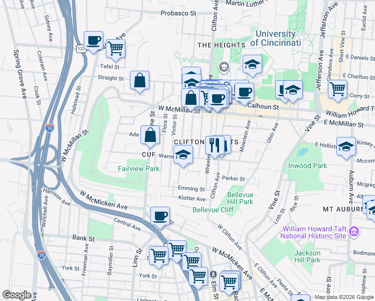 map of restaurants, bars, coffee shops, grocery stores, and more near 2328 Chickasaw Street in Cincinnati