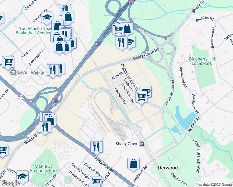 map of restaurants, bars, coffee shops, grocery stores, and more near 16252 Connors Way in Rockville
