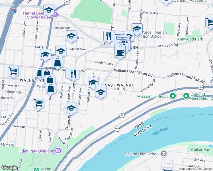 map of restaurants, bars, coffee shops, grocery stores, and more near 1406 East McMillan Street in Cincinnati