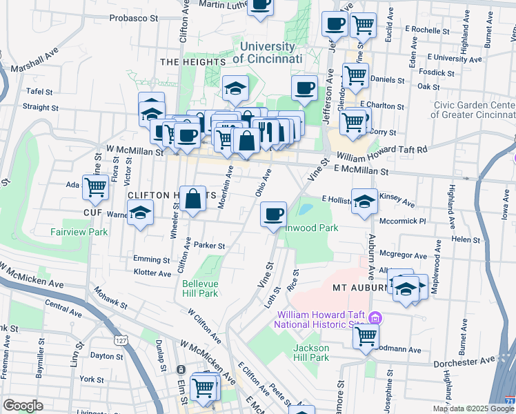 map of restaurants, bars, coffee shops, grocery stores, and more near 2360 Ohio Avenue in Cincinnati