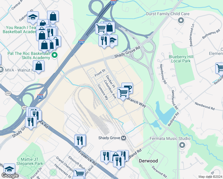 map of restaurants, bars, coffee shops, grocery stores, and more near 8091 Red Hook Street in Derwood