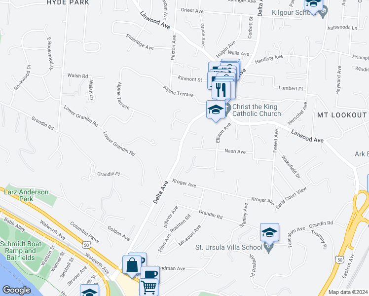 map of restaurants, bars, coffee shops, grocery stores, and more near 746 Delta Avenue in Cincinnati